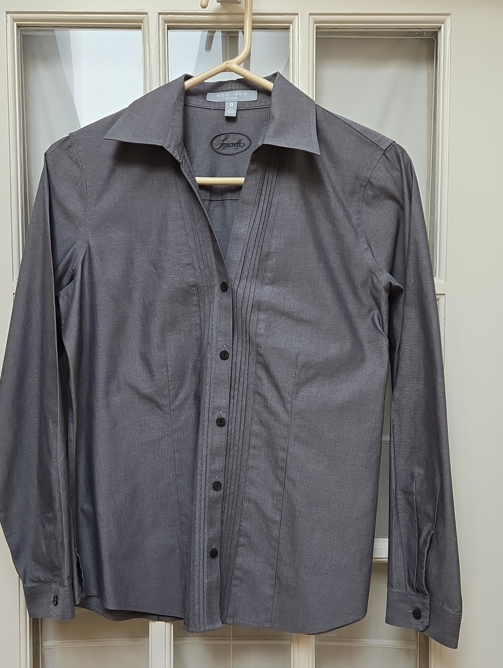 Womens Fitted Foxcroft Gray Button-Down Pintuck Shirt